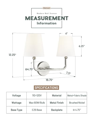 Image of 2-Light Bathroom Light Fixtures, Brushed Nickel Vanity Lights, Double Wall Sconce with Flared White Fabric Shade, Modern Sconces Wall Lighting for Hallway Bedroom Stairway, VL837-BN-2