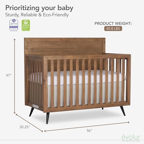 Image of evolur Stilnovo Mid-Century 4-in-1 Convertible Baby Crib in Sugar Cane, GreenGuard Gold & JPMA, Converts to Toddler, Day & Full-Size Bed, 3 Mattress Heights, Modern Retro Design Nursery