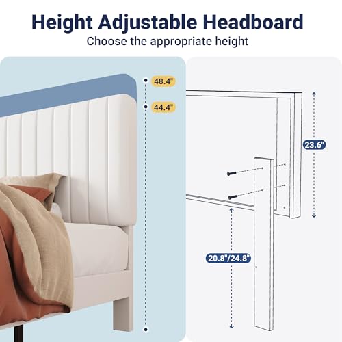 Image of Allewie Twin Bed Frame, Velvet Upholstered Platform Bed with Adjustable Vertical Channel Tufted Headboard, Mattress Foundation with Strong Wooden Slats, Box Spring Optional, Easy Assembly, Off-White