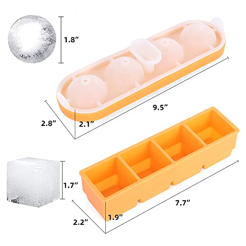 Premium Silicone Large Ice Cube Molds With Lid | 2" Big Shaped Ice Spheres For Whiskey & Bourbon Cocktails (2 Pack) 4 Square & 4 Round Ice Ball Mold Maker Trays For Freezer - Dishwasher And Oven-Safe #TOP1