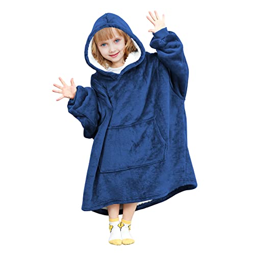 Wearable Blanket Hoodie For Kids， Oversized Sherpa Blanket Sweatshirt Super Soft Cozy Kids Wearable Blanket Gifts Fits For 5-14 Year Boys Girls (Navy) #TOP18