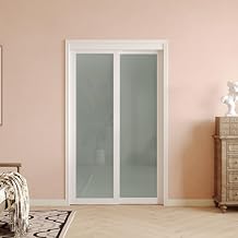 Sliding Closet Door, 48Double 25" x 80", 1-Lite Frosted Glass Sliding Door with Hardware Track Kit & Floor Guide, Finished Doors 2 Panels, MDF, White