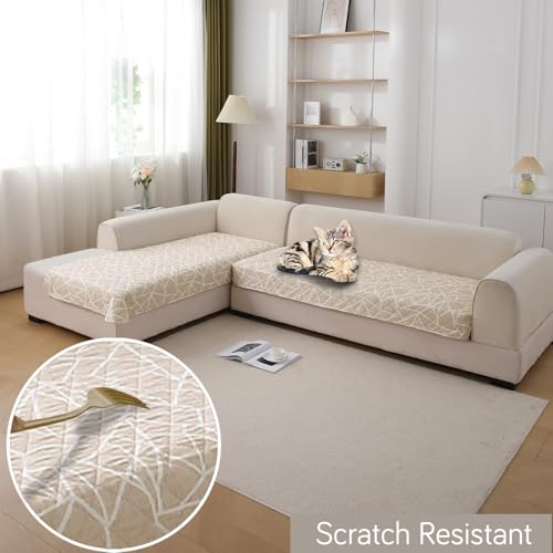 Image of HOKIPO 'Elira Series' Printed Water Repellent + Waterproof Quick Dry L Shape (3+2 Seater) Sofa Seat Cover Mat, Beige Abstract Geometry (AR-5249-C3 + AR-5246-C3)