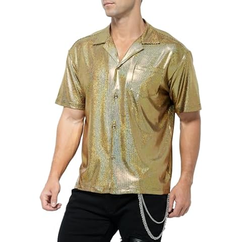 Casey Kevin Men's Short Sleeve Collared Metallic Shirts Button Down Reflective Sequin Rave Outfit Holographic Disco Top,A1-GOLD-CK3406,Large Cover
