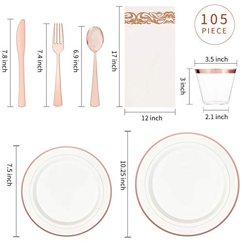 Kapati 105 Piece Guest Rose Gold Disposable Plastic Dinnerware Set Including 15 Dinner Plates, 15 Salad Plates, 15 Spoons, 15 Forks, 15 Knives, 15 Cups, 15 Linen Like Napkins (Rose Gold - 105 Piece) #TOP1
