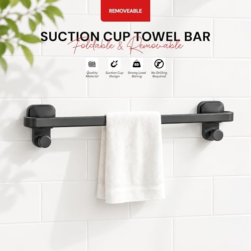 Image of Amazon Basics Suction Towel Holder for Bathroom - Rust - Free Powder Coated Wall Mounted Towel Rack No Drill Towel Rack Modern Bathroom Accessories Organizer Grey