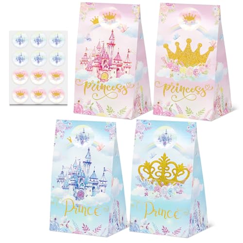 24 Pcs Princess Prince Party Gift Bags with Stickers Castle Themed Birthday Party Favor Bags for Princess Prince Party Gender Reveal & Wedding Decorations Supplies