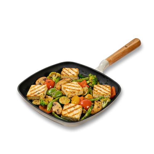 Image of CUMIN CO. Cast Iron Grill Pan | 24 cm, 1.2L | Induction Base Cookware | 10 Year Warranty | Non Toxic Non Stick Pan for Kebab and Tikkas | Chemical Free Coating | Grill Safe | White