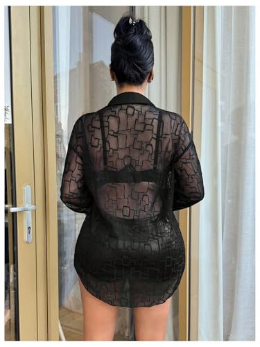 WDIRARA Women's Mesh See Through Blouse Long Sleeve Button Front Sexy Shirt Tunic2