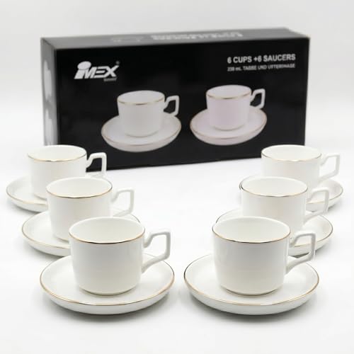 IMEX Lot de 12 tasses à café avec soucoupes et bord doré - 230 ml - Tasses à cappuccino et à thé pour 6 personnes - En porcelaine blanche - Passe au...