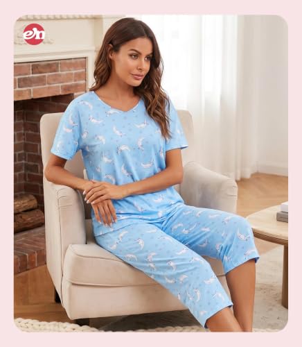Image of ENJOYNIGHT Womens Pajama Sets Cotton Pj Set Short Sleeve Top With Capri Pants Sleepwear 2 Piece Lounge Set