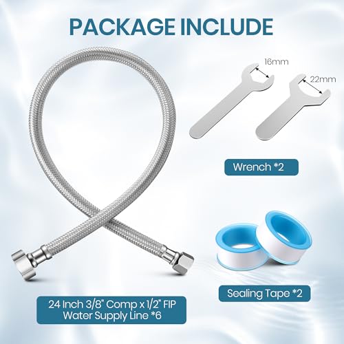 Dreyoo 6 Pack 24 Inch Toilet Water Supply Line, 3/8\" Comp x 1/2\" FIP Faucet Hose Connector, Stainless Steel Braided Faucet Supply Line Extension, with 2 Wrenches and 2 Sealing Tapes - Thumbnail 6