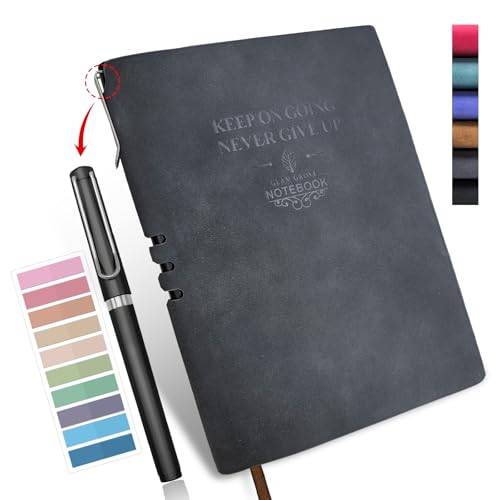 GLAM GROVE A5 Softcover Leather Lined Journal Notebook with Pen - 256 Pages of 100G Thick Paper, Includes Index Tab Stickers - Ideal for Writing, Travel, Work, and School (5.8