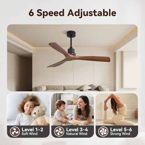 Image of Sofucor Ceiling Fan no Lights, 52 Inch Low Profile Flush Mount Ceiling Fans with Remote, Modern Wood Ceiling Fan for Bedroom Indoor Outdoor, 6-Speed Reversible DC Motor Dimmable Timer