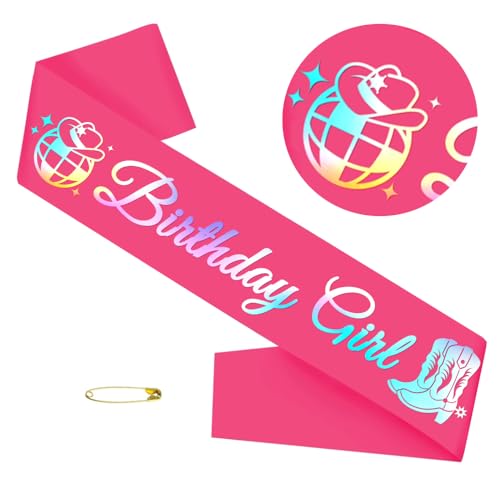 CAVETEE Birthday Girl Sash，Hot Pink Satin Sash with Disco Western Cowgirl Party Decorations for Official Teenager Sweet 16, 21st 30th 40th 50th Birthday Party