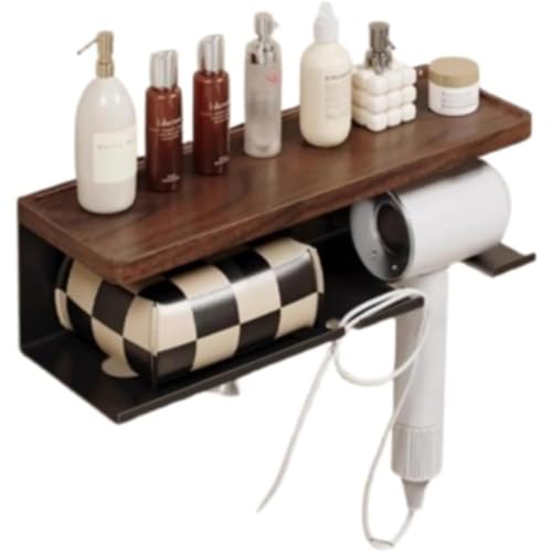 Momgla 木製ドライヤースタンド・収納ホルダー | 壁掛け大容量・耐熱ドライヤー収納ケース | スタンド・フック・かご付き (左,クルミ)