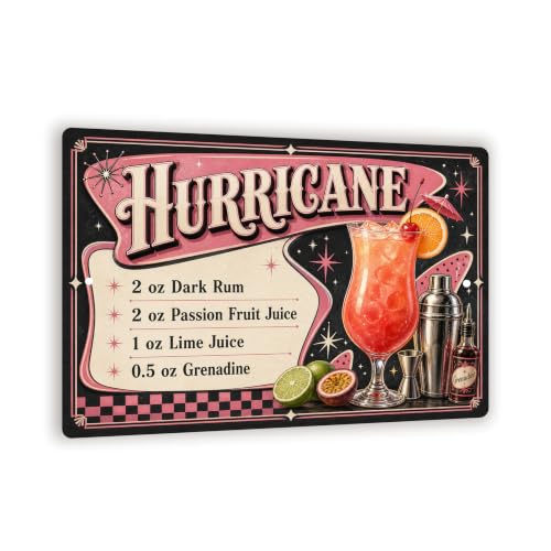 Hurricane Recipe Metal Sign - Retro Diner Bar Wall Decor - 8x12 Cocktail Art