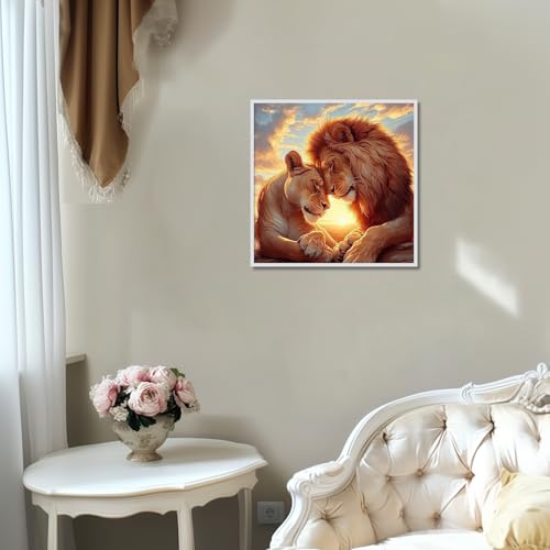 Image of Diamond Paintings Kits for Adults Beginners, Full Round Drill Diamond Arts Kits for Adults, Lion Couple Paint by Diamonds, 5D DIY Diamond Painting Dot Gem Art, for Home Wall Decor 13.8x13.8 Inch