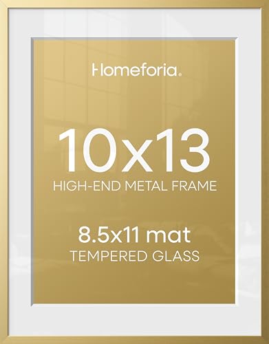 Image of Homeforia 10x13 Picture Frame Gold, High End Metal 10x13 Poster Frames with Mat for 8.5x11, 10 x 13 Gold Frames Matted to 8.5 x 11 inch Photo, 10by13 Hanging Frames, Tempered Glass, Wall Kit, Set of 1