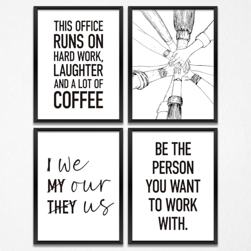 4 Pcs Inspirational Wall Art Team Office Prints Positive Teamwork Quote Wall Decor Paintings Posters for Office Home Bedroom Living Room, Motivational Gifts for Men, Coworker, Friends, Unframed
