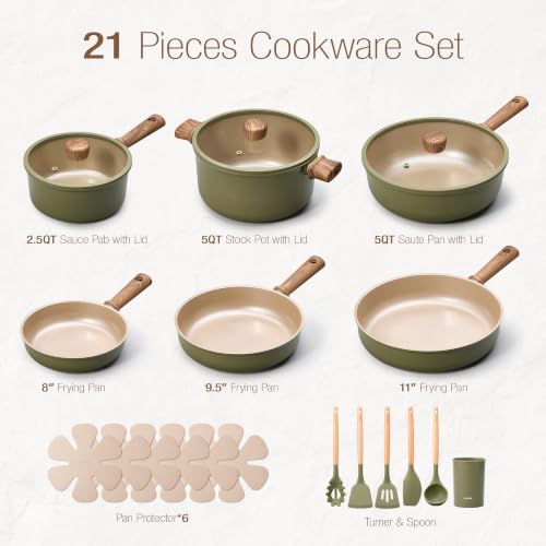 Image of CAROTE 21pcs Ceramic Cookware Set Nonstick Pots and Pans set, Induction Cookware Set Kitchen Cooking Sets, Pot and Pan Non Stick w /Frying pan (PFAS Free), Green
