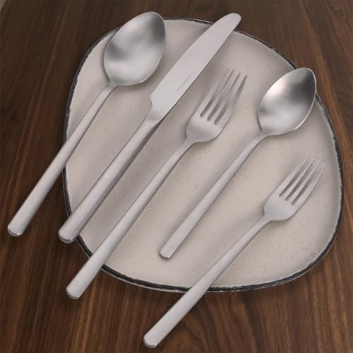 Image of KINGSTONE 40 Piece Silverware Set, Flatware Set for 8, 18 /10 Stainless Steel Cutlery Set Mirror Polished Modern Design Dishwasher Safe, Matte Silver