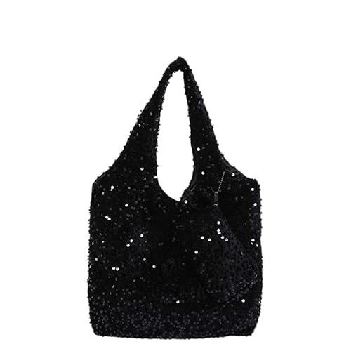 GETBSTOOP Black Sequin Bag for Women Girls Glitter Sparkly Shoulder Tote Bag Large Capacity Shiny Shopping Bag Pouch Travel Daily Purse