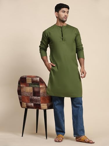 Image of Amazon Brand - Anarva Men's Cotton Solid Round Neck Kurta Long Sleeves Straight Knee Length Casual Shirt
