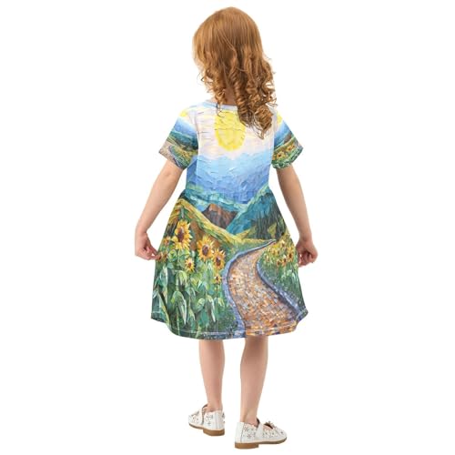 ALAZA Sunflower Moon Night Oil Painting Girls Dress Short Sleeve Toddler Casual Dresses Summer Sundress 2-8T3