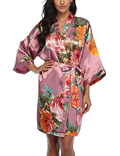 Image of VOGMATE Floral Silk Robes for Women Short Satin Kimono Bride Bridesmaid Robes Bathrobe
