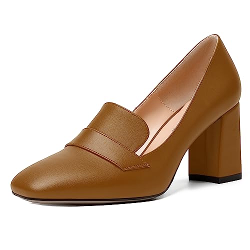 Image of MODENCOCO Womens Sexy Formal Matte Slip On Square Toe Work Block High Heel Loafers Shoes 3.5 Inch