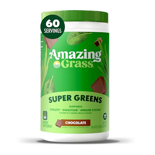 Amazing Grass Super Greens Powder Organic Greens Superfood Powder Smoothie Supplements Supports Digestion Probiotics Spirulina Beet Root Chocolate 60 Servings 16.9 Ounce (Packaging May Vary)