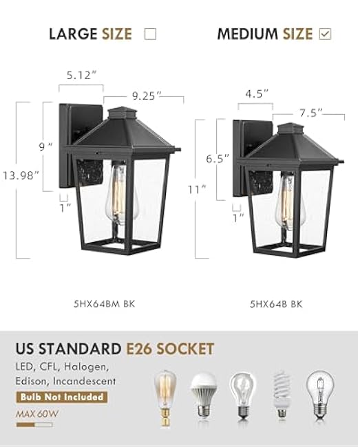 Outdoor Wall Sconce, HWH Exterior Wall Lantern Porch Lights Outdoor Wall with Seeded Glass Shade, Waterproof for Doorway, Hallway, Garage, Matte Black Finish, 5HX64B BK