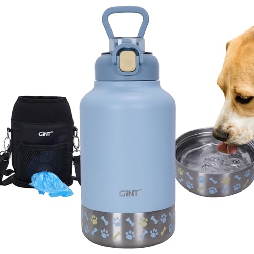 GiNT Garrafa de água para cães e humanos isolada de aço inoxidável de 1050 ml, dispensador de viagem multifuncional com tigelas removíveis e estojo de transporte, cantina para animais de estimação à