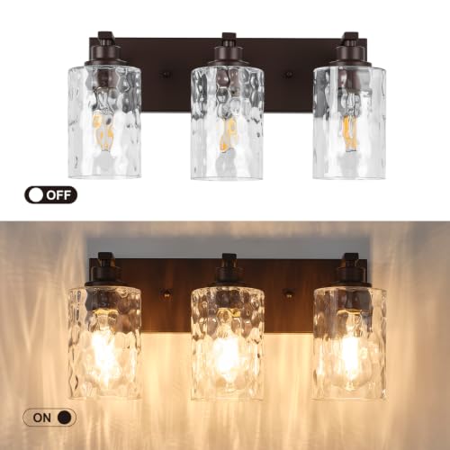 Image of 3-Light Bathroom Light Fixtures Modern ORB Vanity Lights | Easy to Install Clear Hammered Glass Shades, Rippled Glow, Wall Mount Up or Down, E26 Socket, Hardwired, 120V