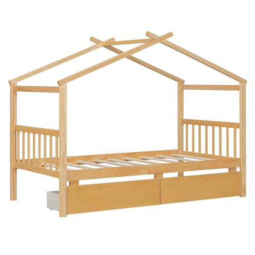 Image of Twin Size House Platform Bed with Roof and 2 Drawers, Solid Wood House Daybed Frame with Headboard and Slat Support for Kids Teens Girls Boys Bedroom, Can Be Decorated (Natural-03, Twin)