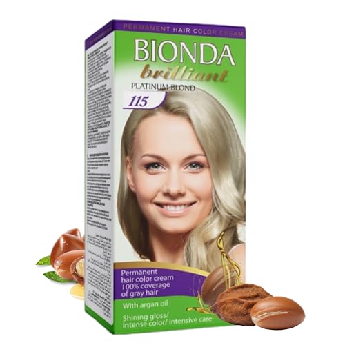 Tinte y coloración permanentes BIONDA Brilliant, 100 ml, cobertura 100% de canas, con aceite de argán, fórmula de aceite nutritiva, brillo intenso, raíz y longitudes completas (115 rubio platino)