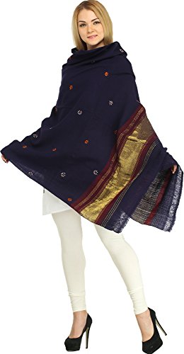 Shawl from Kutch with Embroidered Bootis and Golden Woven Border - Wool2