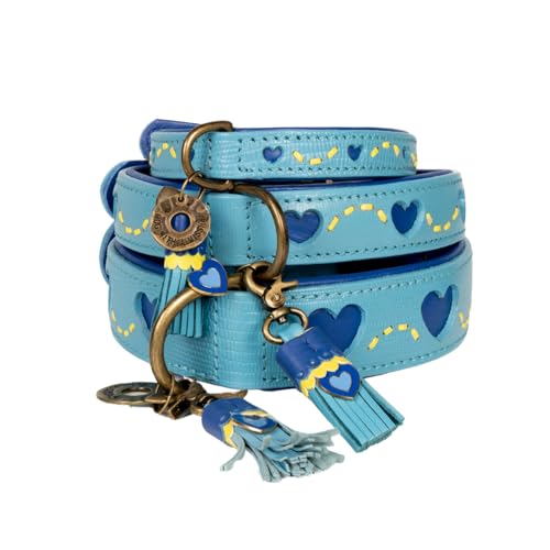 Dog with a Mission - Hundehalsband S | Sky | Blau mit Herzen | Boho und Hippie | Ideal für mittelgroße Hunde | Handgemacht | Modisch und Bunt | Aus weichem Echtes Leder | 2,5 cm Breit