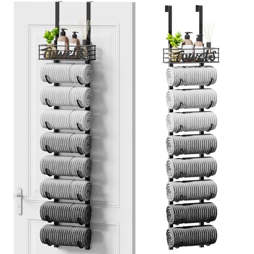 SWTYMIKI Hanging Towel Racks for Bathroom - 9 Tier Over The Door & Wall Mounted Bath Rolled Towel Storage Organizer Holder for Small Bathroom, RV, Camper, Black (Patented)