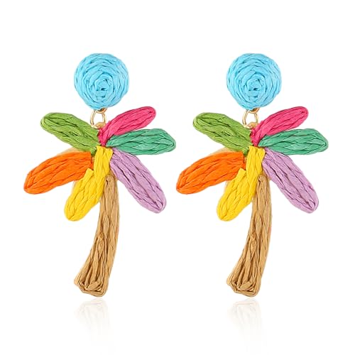 Image of Handmade Raffia Hoop Earrings Statement Tropical Bohemian Straw Dangle Earrings Natural Rattan Vacation Style Round Earrings for Women Summer Beach Party Essential Jewelry