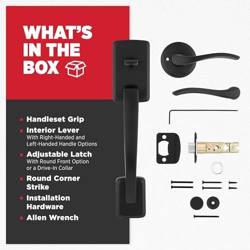 Image of Kwikset Brentford Front Door Handle No Lock, Entry Handleset Exterior with Sedona Interior Reversible Lever, Non-Locking, Matte Black, Deadbolt Not Included
