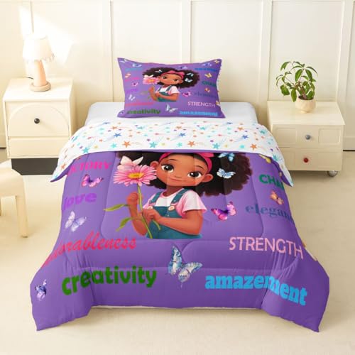 Image of Erosebridal Black Girls Magical Comforter Set Butterflies Inspirational Quotes Twin Bedding Set African American Comforter Afro Pretty Girls Duvet Insert for Nursery Kids Princess Cute Room Decor