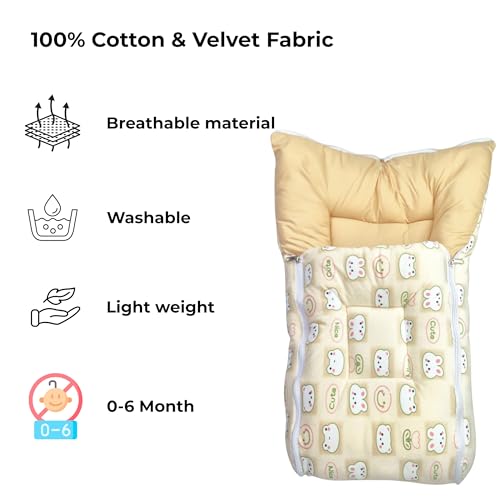 Image of VoiDrop Velvet Baby Carry Bed Infant Lounger Sleeping Bag 3 in 1 for New Born Babies | Baby Portable Travelling Bed for Infants Premium QULAITY with Super Soft Inner(Color Yellow Shade)