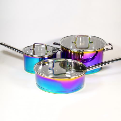 AKIS Dazzling Regenbogen Edelstahl 6 teilig Pfanne Topfset 1 Kochtopf, 1 Pfanne, 1 Stieltopf mit 3 Glasdeckel Induktionsgeeignet