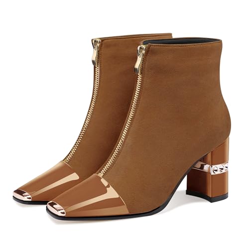 Image of XINIUNIU Women's Ankle Boots Block Chunky Heels Booties Metal Square Toe Suede Front Zipper 3 Inch Short Boot Dress