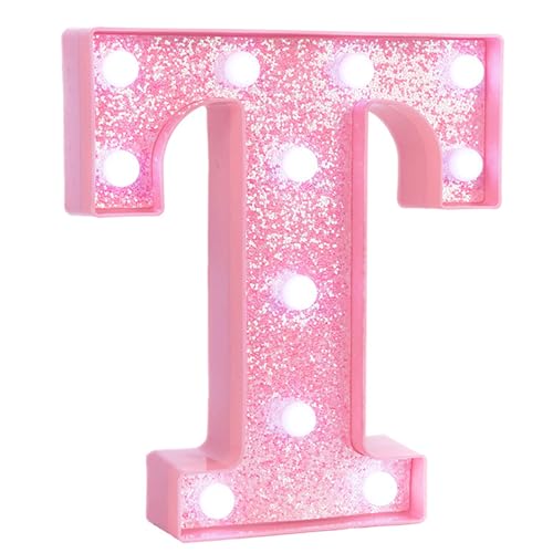 Image of Pink Marquee Light Up Letters, Glitter Alphabet LED Letter Lights for Pink Birthday Party Decorations, Battery Operated Letter Sign for Girls Room Vanity Table Decor, Cool White Lights Letter T