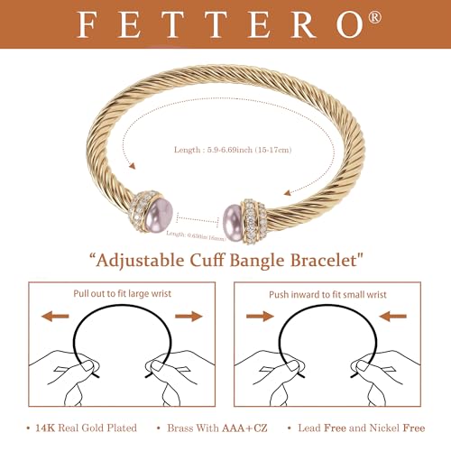 Image of Fettero Gold Cuff Bangle Bracelets for Women - 14K Plated Adjustable Open Cuff Gold Bangles Charm Elegant Twisted Cable Bangle Friendship Bracelets Lightweight Bracelet for Dainty Jewelry