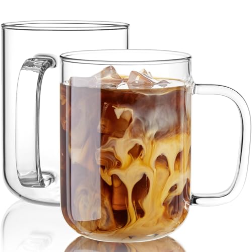 BWODYAY Glass Coffee Mugs 24 oz Ice coffee cups Large Clear Tea Cups Set of 2 Glass Mugs with Handles Glass Cups for Latte Cappuccino and Tea