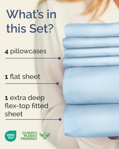 Image of Flex Top Split Head King 6 Piece Piece Sheet Set - Comfy Breathable & Cooling - Soft Hotel Luxury Bedding Set with 8-16 Inch Deep Pockets - 1 Flat & 1 Fitted Sheet & Pillowcases - Light Blue